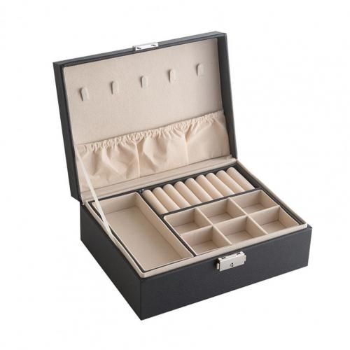 Boîte À Bijoux À Double Couche Avec Serrure De Sécurité, En Cuir Microfibre, Compartiments Réglables, Étui À Bijoux Pour Bagues, Boucles D'Oreilles, Montre Collier