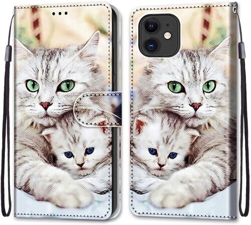 Coque Pour Iphone 12 / Iphone 12 Pro (6,1 Pouces), Etui En Cuir Pu Portefeuille Housse Coque Avec 360 Degres Silicone Protection Cover Cuir Pochette Magnetique Flip Bequille (Chats 2)