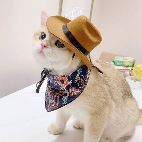L’Ensemble De Vêtements Pour Chat De Compagnie (Chapeau De Cow-Boy + Écharpe En Denim) Convient À Moins De 6 Kg