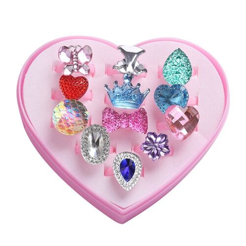 Lot de 12 bagues de dessin animé pour enfants, boîte de présentation de bijoux et de coeurs, jouet cadeau pour filles