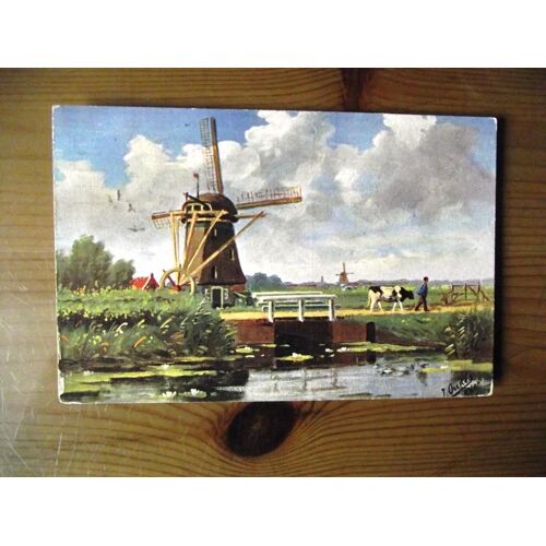 Carte Postale Écrite En 1909 Holland  Moulin À Vent Peinture Personnage Et Pont