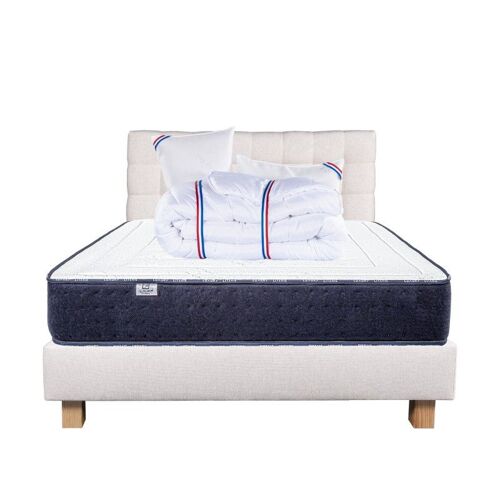 Ensemble complet Matelas Nuage(24 cm), Sommier beige(20cm), Tête de Lit, oreiller et couette, matelas mi-ferme, face été/hiver - Beige, 160x200cm
