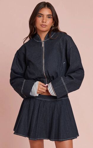 Veste Bomber Courte En Jean Indigo À Ourlet Bulle, Indigo