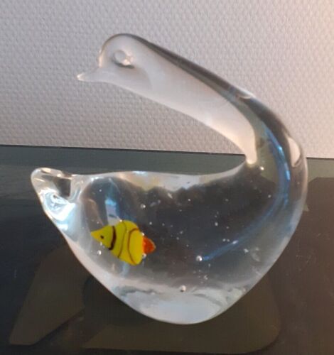 Vintage Murano Style Verre Cygne Poisson Presse Papier Aquarium.