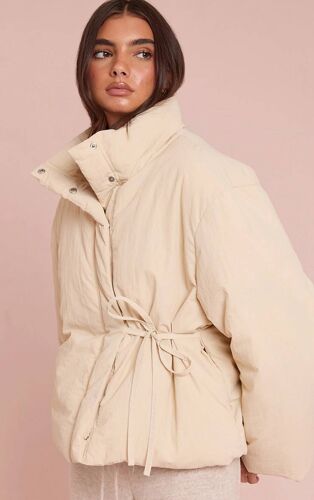 Veste Matelassée Crème À Col Montant Et À Nouer À La Taille, Crème