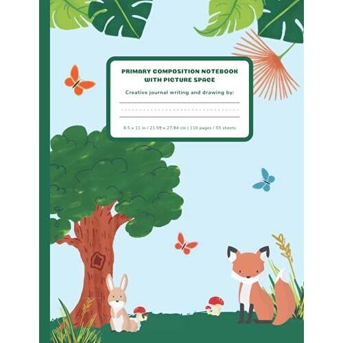 Primary Composition Notebook With Picture Space: Kindergarten Grade K-2 | Encourage Your Child To Draw And Write | Wide Ruled Dotted Midline With 110 Pages | Bonus Coloring Pages | Forest Animals