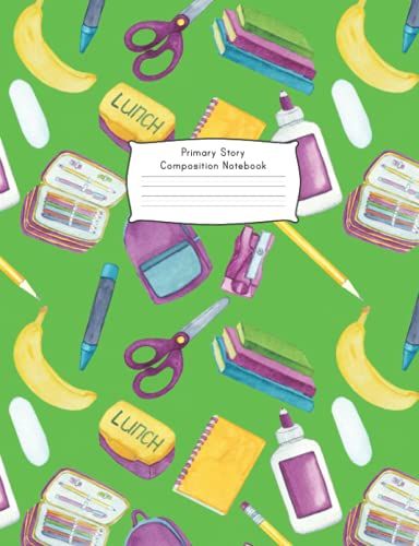 Primary Story Composition Notebook: For Early Readers, Pre-K, Kindergarten, Primary, First Grade, Grade 1 Or Homeschool. Green With Watercolor Illustrations Of Scholastic Symbols