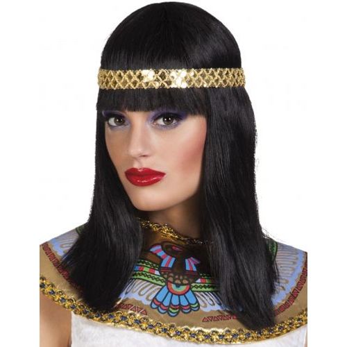 Perruque Noire Mi-Longue Avec Bandeau Reine Du Nil Femme,