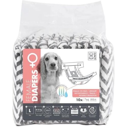 Couches Pour Chien - M Pets - Diapers Femelle L X10 - Tour De Taille 32-52 Cm - 8-15 Kg - Indicateur D'humidit¿ - 12h Protection