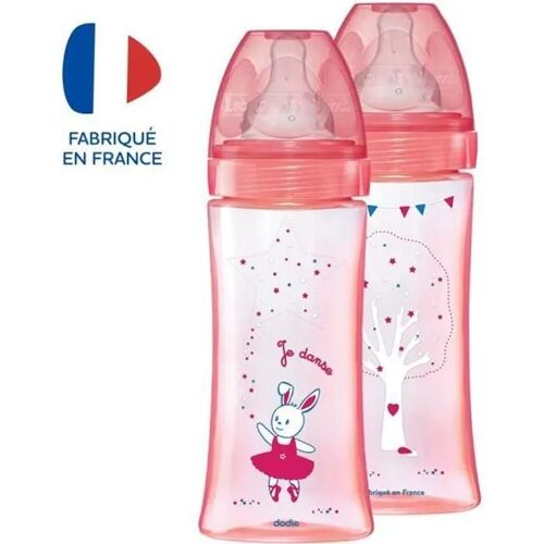 Dodie Lot De 2 Biberons Anti-Coliques Initiation+ - 330ml -  Rose Danseuse - Tétines Rondes 3 Vitesses Débit 3