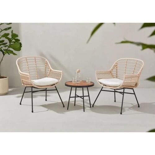 Salon De Jardin Sumatra : Table Basse + 2 Fauteuils - Résine Tressée Écrue