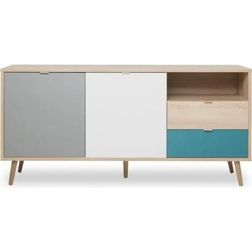 Cuba Buffet Bas Scandinave Chene, Gris Et Bleu Petrole - L 150 X P 40 X H 71 Cm