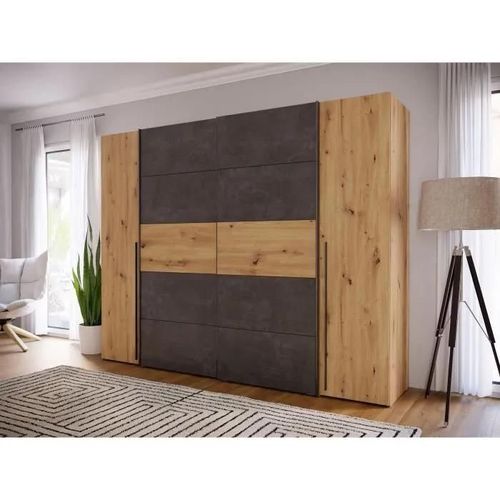 Armoire 2 Portes Battantes 2 Portes Coulissantes - Décor Chene Artisan Et Béton Gris - L 270,3 X P 61,2 X H 210 Cm - Narago