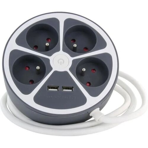 Chacon Multiprise bureau 16A.250V-Max 3680W 4x16A+2USBA cable 1.5m- Couleur gris -Interrupteur