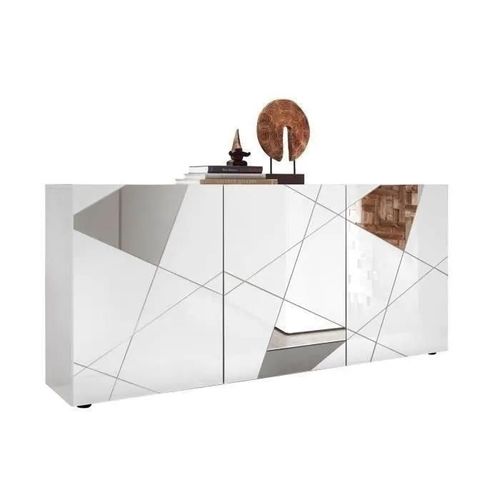 Buffet Victory 3 Portes Blanc Laqué Brillant Avec Serigraphie Miroir L181 Cm