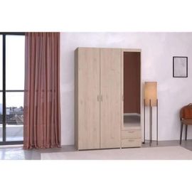Armoire Varia - Décor Chene Et Blanc - 3 Portes - 2 Tiroirs - Porte Droite Avec Miroir - 120,3 X 185 X 51,7