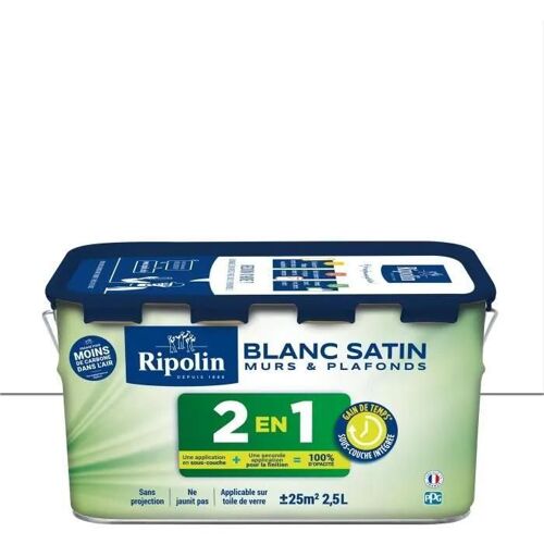Peinture 2 en 1 murs et plafonds - Blanc satin - RIPOLIN - 2.5 L