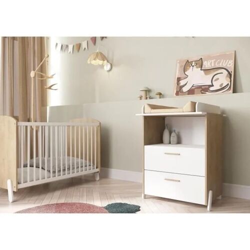 Ensemble Duo 60 Comprenant 1 Lit A Barreaux 60 X 120 Cm & 1 Commode A Langer 2 Tiroirs - Naili - Hamilton / Blanc Mat - Demeyere