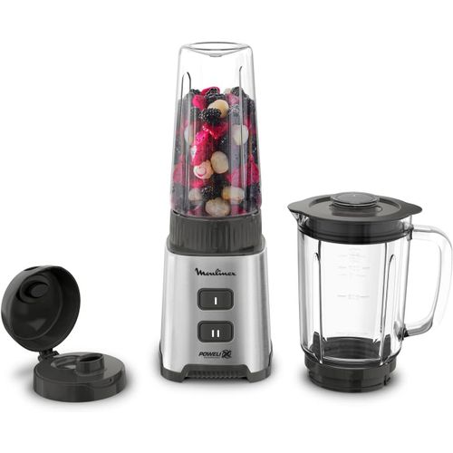 Moulinex Blender, Mini mixeur compact, 400 W, Technologie Powelix, Lames amovibles, 2 vitesses, Contrôle de la texture, Verseuse en verre, Bouteille à emporter en Tritan, Pulseo, Métal LM17GD10