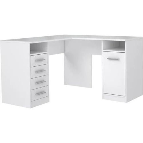 Tolede Bureau D'angle 1 Porte 4 Tiroirs - Décor Papier Blanc - L 125 X P 125 X H 75 Cm