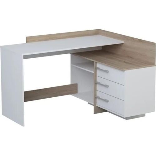 Bureau D'angle 3 Tiroirs Décor Chêne Brossé Et Blanc Mat