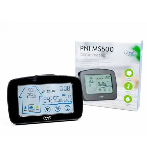 Station météo PNI MS500 avec capteur externe sans fil, affiche la température et l'humidité intérieures et extérieures, mémoire des