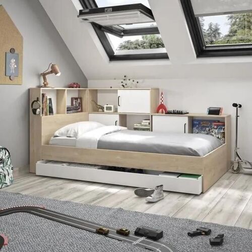 Lit ARMAND avec rangements et tiroir - 90 x 200 cm - Coloris : chêne et blanc