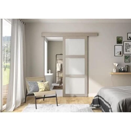 Kit porte 3 carreaux Verone (chene taupe) / verre dépoli Optimum - H2040xL830xP40 + rail