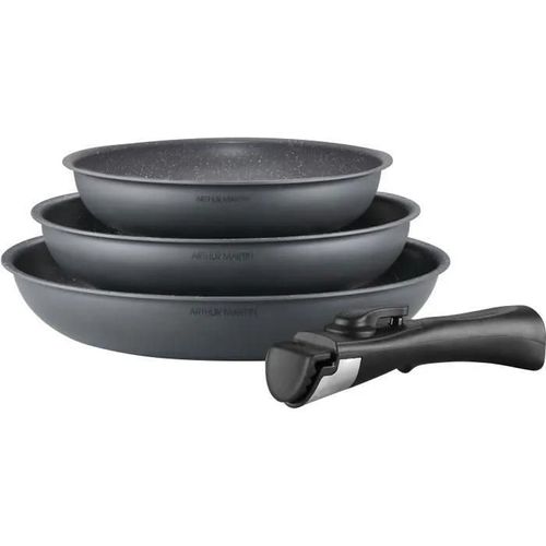 Batterie De Cuisine Arthur Martin Am521gm Set De 3 Poeles - Gris Mat 20-24-28 Cm + 1 Poignée Amovible - Tous Feux Dont Induction