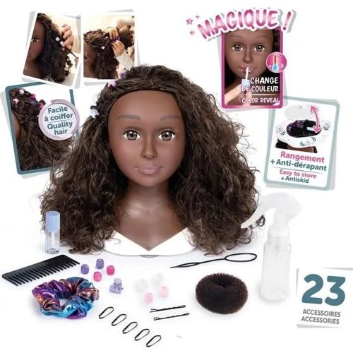 Smoby - Tete A Coiffer Cheveux Afro - Facile A Coiffer - 23 Accessoires Réalistes - Levres Thermosensibles - Trappe De Rangement