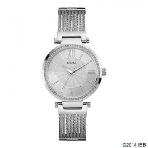 Guess W0638l1 - Montre Femme Boîtier Acier Brillant Avec Cristaux, Cadran Fond Argent, Bracelet Câbles Acier Brillant, G Link. Soho Gris