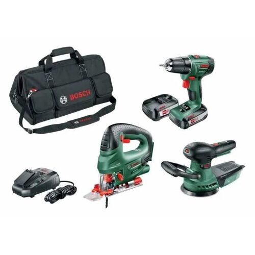 Pack 3 outils 18V sans fil BOSCH perceuse-visseuse PSR 1800 LI-2 2 batteries 2.5Ah + scie sauteuse PST + Ponceuse Excentrique
