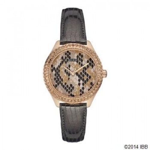Guess W0626l2 - Montre Femme Boîtier Acier Doré Rose Brillant Avec Cristaux, Cadran Fond Façon Python Rose, Bracelet Cuir Gris Texturé. Mini Mystical Gris