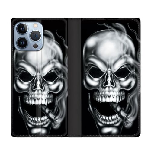 Housse Cuir Portefeuille Pour Iphone 13 Pro Tete De Mort Fume
