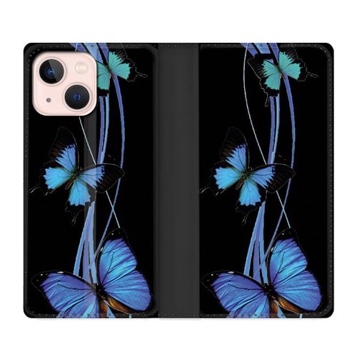 Housse Cuir Portefeuille Pour Iphone 13 Papillon Bleu Sur Noir