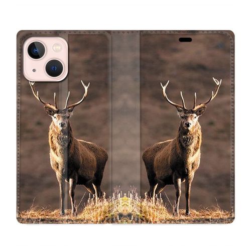 Housse Cuir Portefeuille Pour Iphone 13 Mini Chasse Chevreuil Blanc