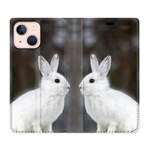 Housse Cuir Portefeuille Pour Iphone 13 Mini Lapin Blanc