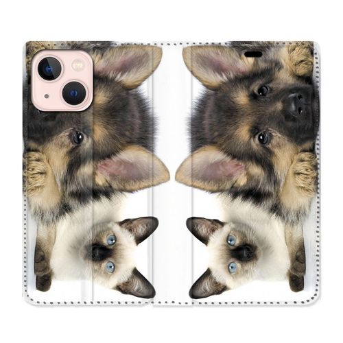 Housse Cuir Portefeuille Pour Iphone 13 Mini Chien Vs Chat