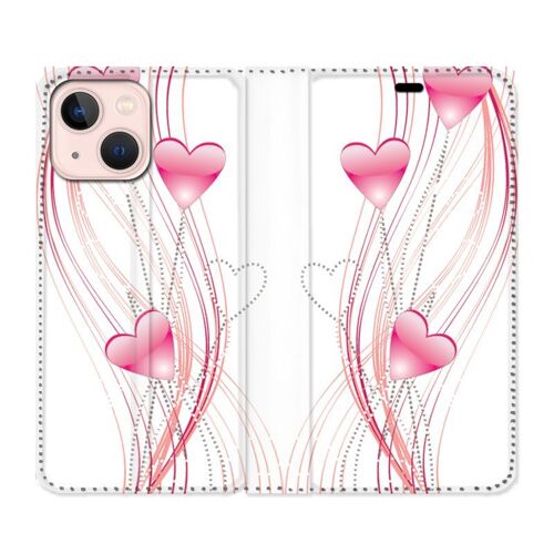 Housse Cuir Portefeuille Pour Iphone 13 Mini Coeur Rose Montant Sur Blanc
