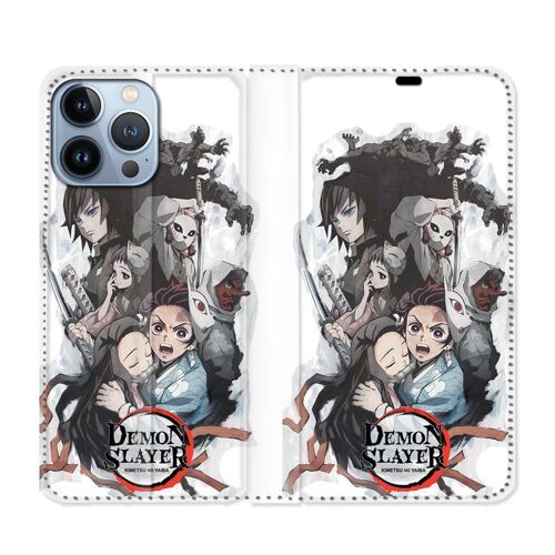 Housse Cuir Portefeuille Pour Iphone 13 Pro Max Manga Demon Slayer Blanc
