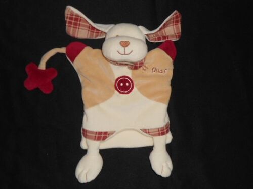 Doudou Marionnette Chien Mr Ouaf - Blanc Écru Rouge Bordeaux Et Beige - Avec Son Os  - Tissu À Carreau - Babynat