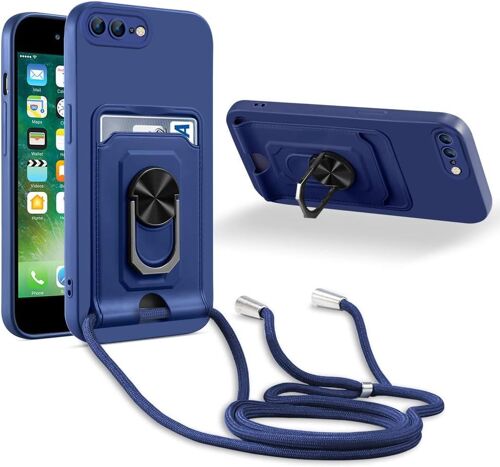 Coque Cordon De Collier Compatible Avec Iphone 7 Plus/Iphone 8 Plus, 360¡Ãanneau Support Avec Fente Carte Protection De La Camera Silicone Case-Bleu