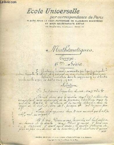 Ecole Universelle Par Correpsondance De Paris. Corrige 6eme Serie. C-Abo.8.33-100