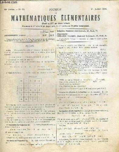 Journal De Mathematiques Elementaires. 94e Annee - 1 Juillet 1970. N°19