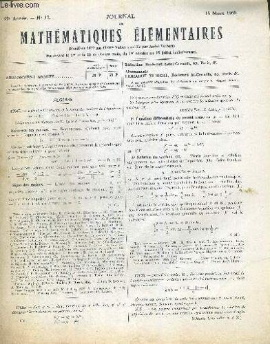 Journal De Mathematiques Elementaires. 93e Annee - 15 Mars 1969. N°12