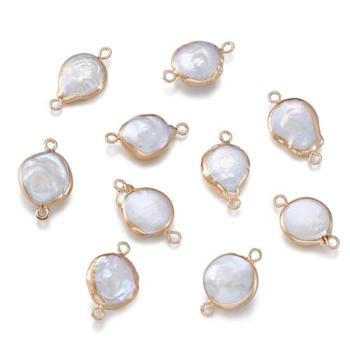 Lot De 10 Maillons De Perles Naturelles Plaqués, Ronds Et Plats, Couleur Dorée, Pour Fabrication De Bijoux En Fer, Beige, 20x13   15x4   6mm, Trou: 1. 9109-May14a32266