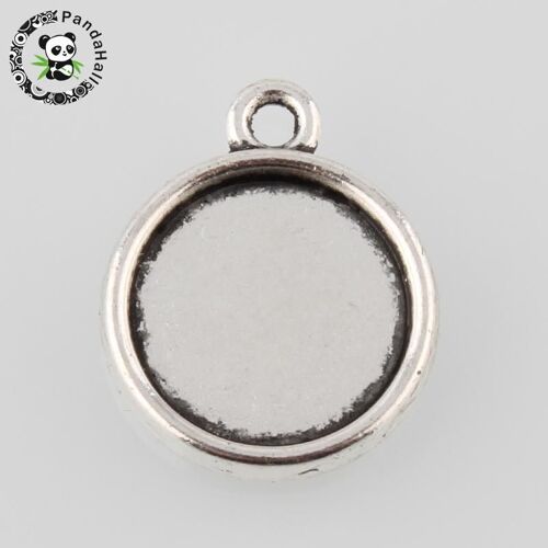 Pendentif rond plat en alliage de couleur argent, Style tibétain Antique, Cabochon paramètres plateau: 12mm; 18x15x3mm environ 769 pièces/1000g