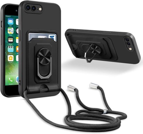 Coque Cordon De Collier Compatible Avec Iphone 7 Plus/Iphone 8 Plus, 360¡Ãanneau Support Avec Fente Carte Protection De La Camera Silicone Case-Noir