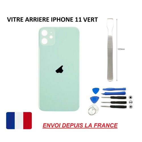 Vitre Arrière Compatible Iphone 11 Vert 6.1 Qualité Origine En Verre, Coque Cache Batterie Double Face Adhésif, Kit Outil, Lame Métal