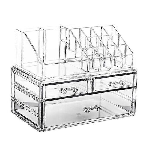 Organisateur de maquillage transparent avec 3 tiroirs et porte-rouges à lèvres amovibles sur le dessus pour rehausser votre vanité, Ba